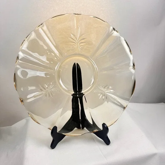 Vintage Amber Glass Scalloped Edge Dessert Cake‎ Stand Tray Floral Etched Topaz - Picture 4 of 16
